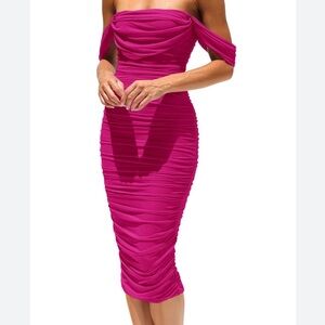 Women's Off The Shoulder Dresses Ruched Fitted Midi Bodycon Dress size large